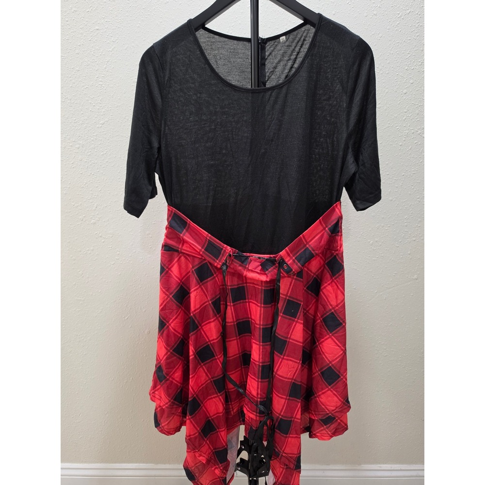 Black and Red Buffalo Plaid Lace Up Corset Waist Fit and Flare Dress 2XL